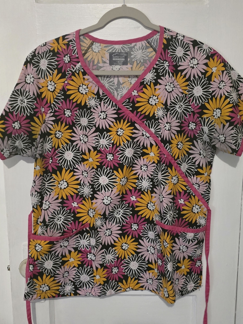 Cherokee V-Neck Floral Scrub Top in Pink, Yellow, White